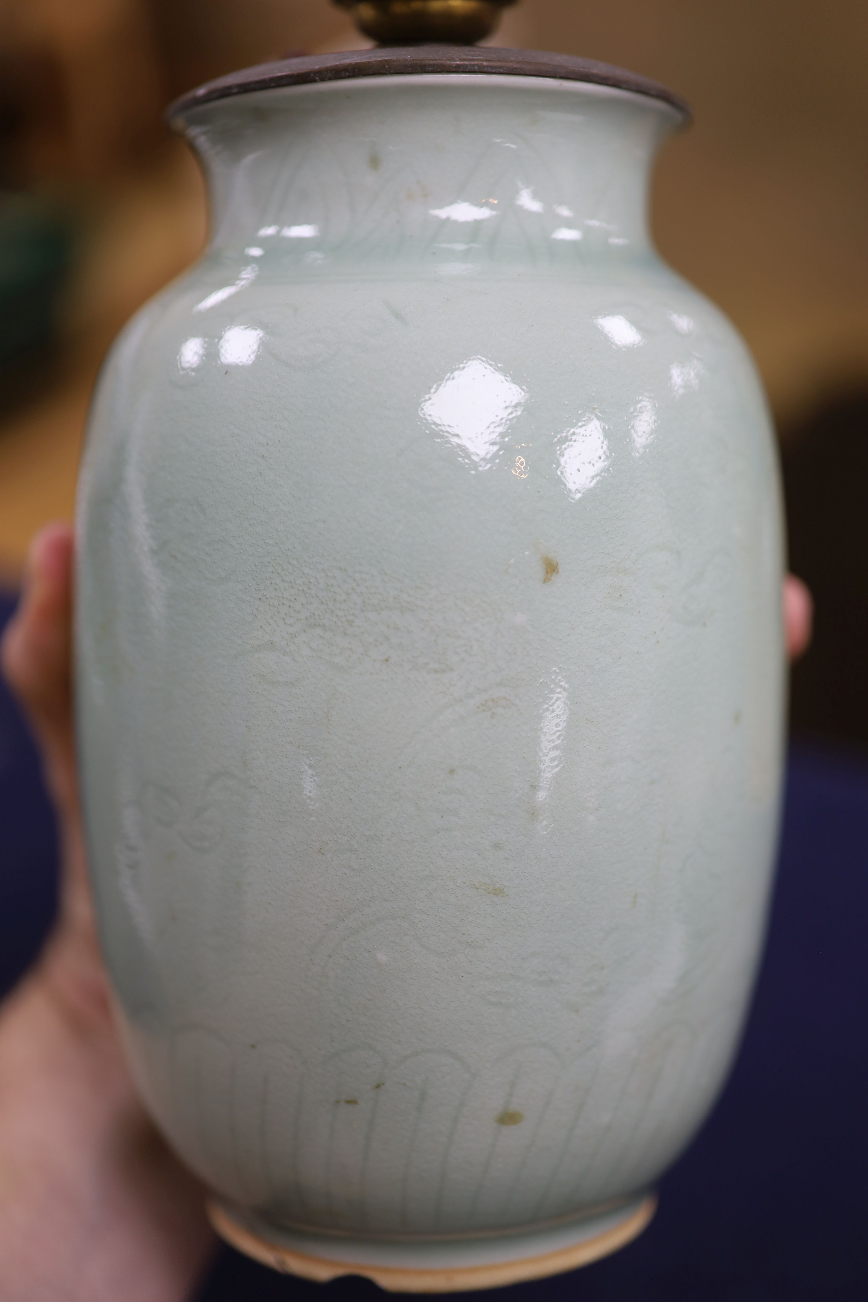 A pair of Chinese celadon vases, now as lamps, Yongzheng mark to base but later, height 19cm excl. electrical fittings